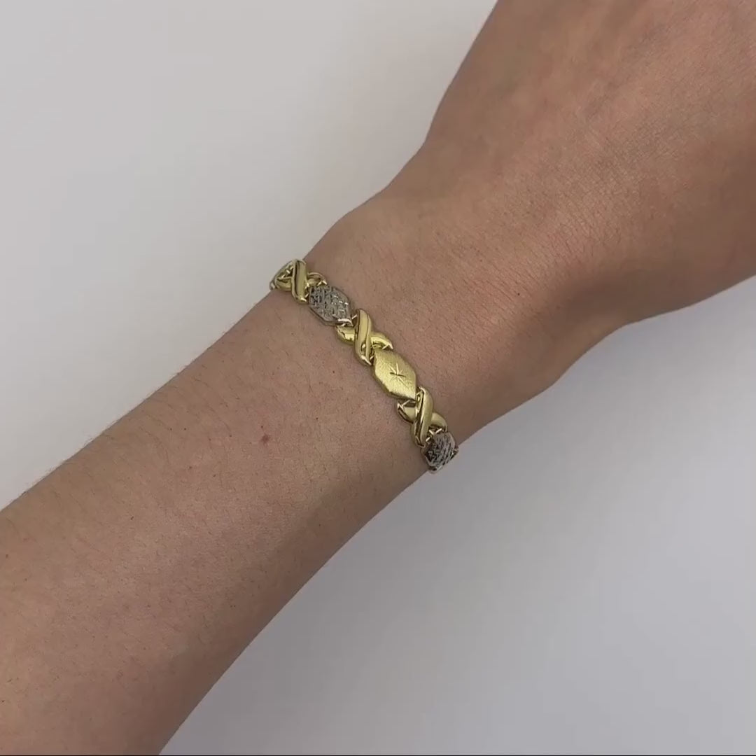 10K Yellow White Gold Two-Tone 7mm Diamond-Cut XO Stampato Bracelet (Hollow) 7.25" — product video