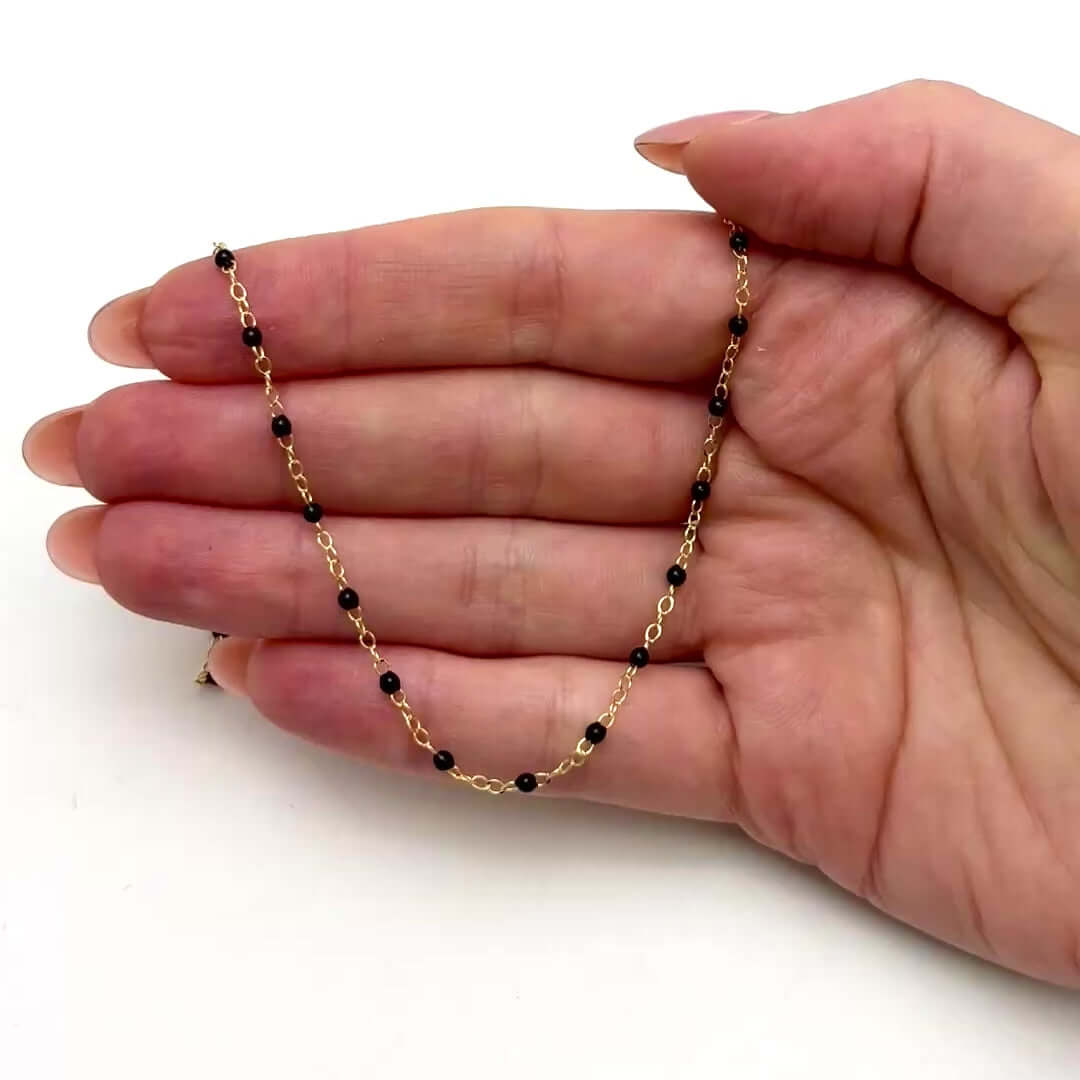 14K Yellow Gold Black Beaded Station Cable Necklace (Solid Links