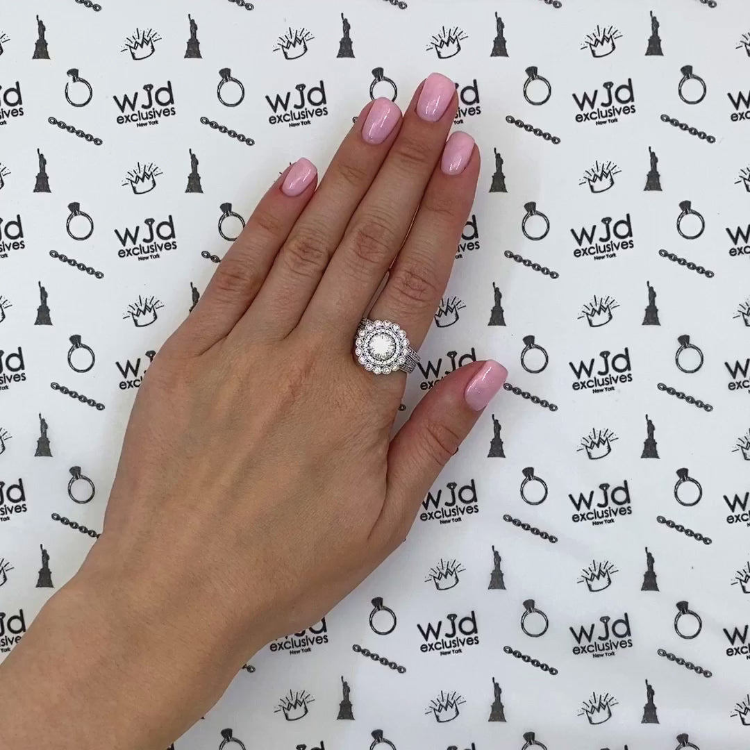 1.95CTW Natural Diamond Moissanite Milgrain 14K Gold White Halo Bridal Ring Set — product video