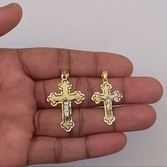 14K Gold Two-Tone White Yellow Jesus Crucifix Cross Pendant 1.4", 1.7" — product video