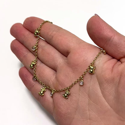14K Yellow Gold CZ Dangle Bear Charm Cable Link Adjustable Anklet 9"–10"