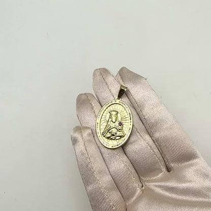 Real 10k Gold 0.20CTW CZ Ruby Virgin Mary Oval Pendant 1.6"