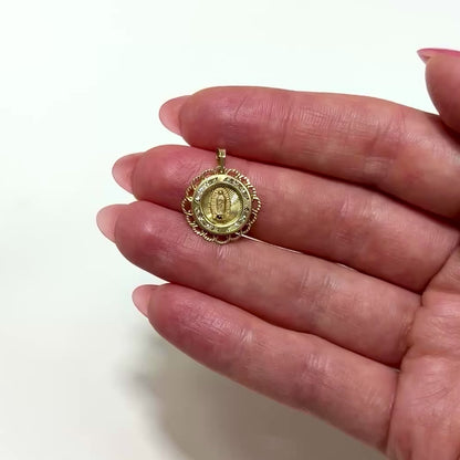 14K Yellow Gold Round CZ Guadalupe Pendant 0.8"