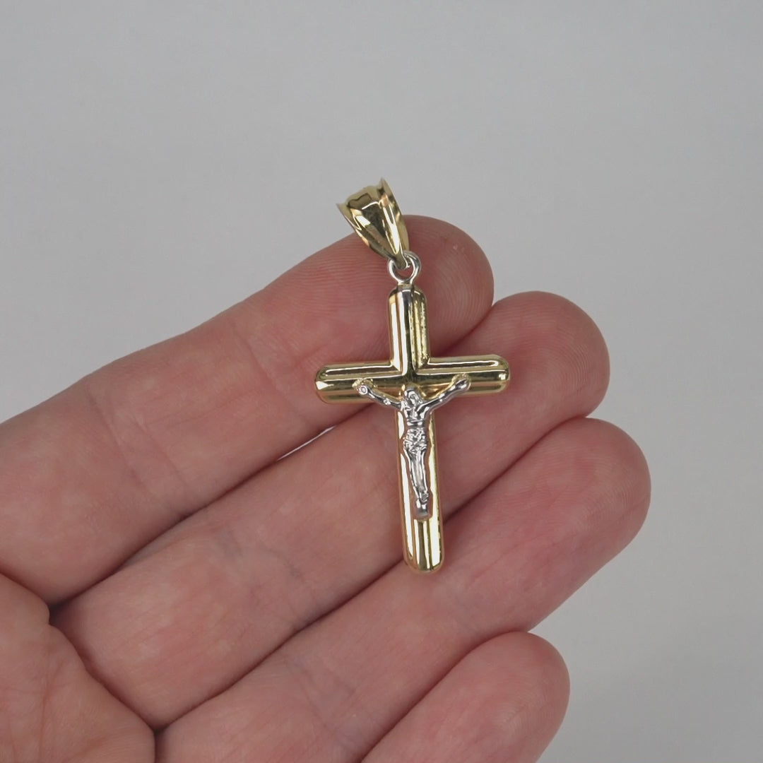 10K Gold-Filled Two-Tone Yellow White Jesus Crucifix Cross Pendant 1.7"