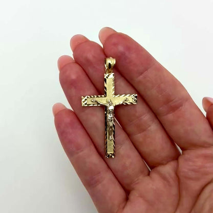 14K Real Gold Two-Tone Yellow White Jesus Crucifix Cross Pendant 2"