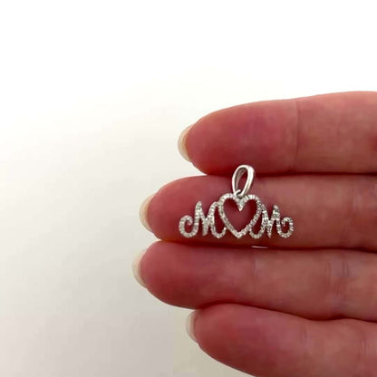 0.20CTW Natural Diamond Real 10K White Gold "MOM" Pendant 0.5"