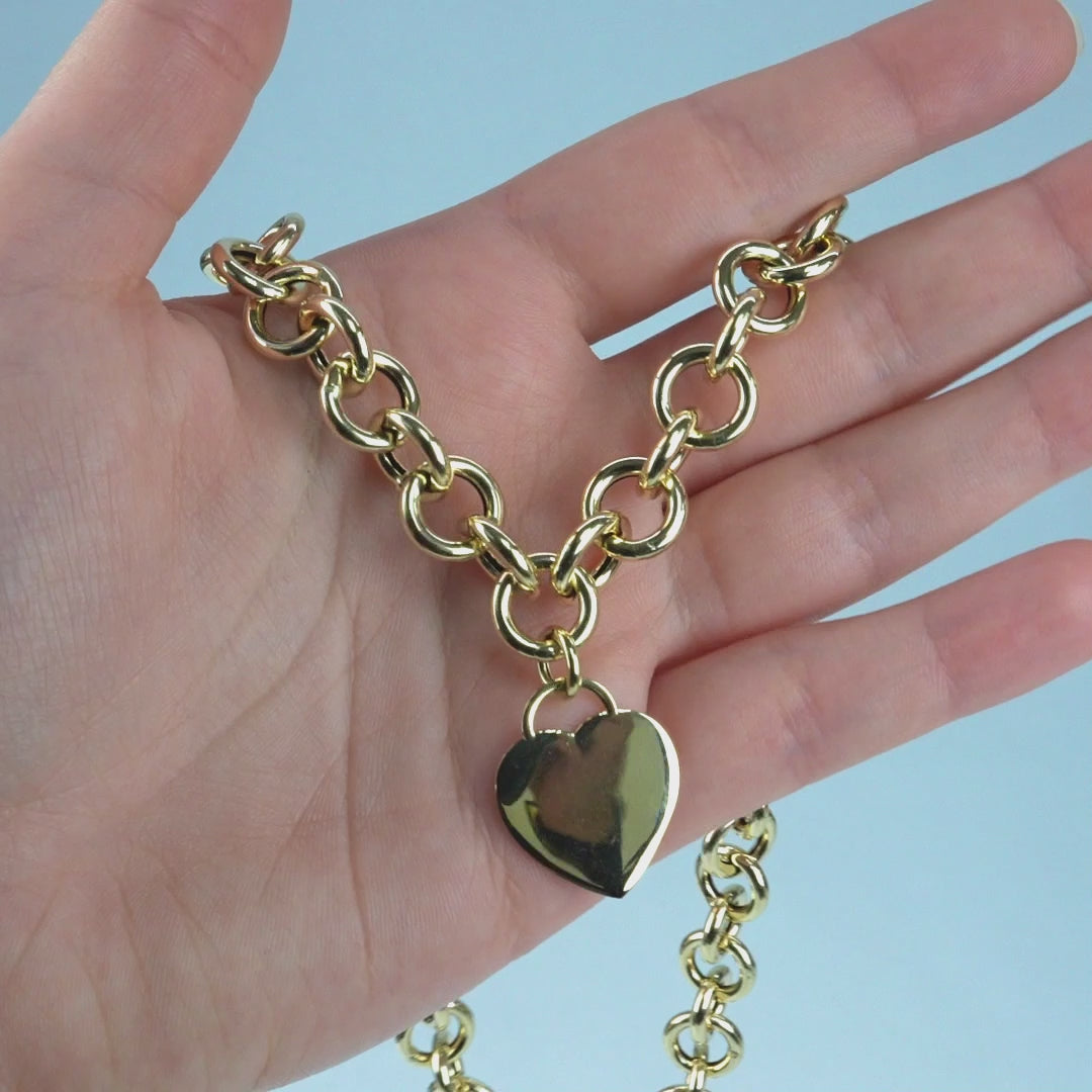 14K Yellow Gold Heart Tag & Rolo Necklace (Solid Links) 18"