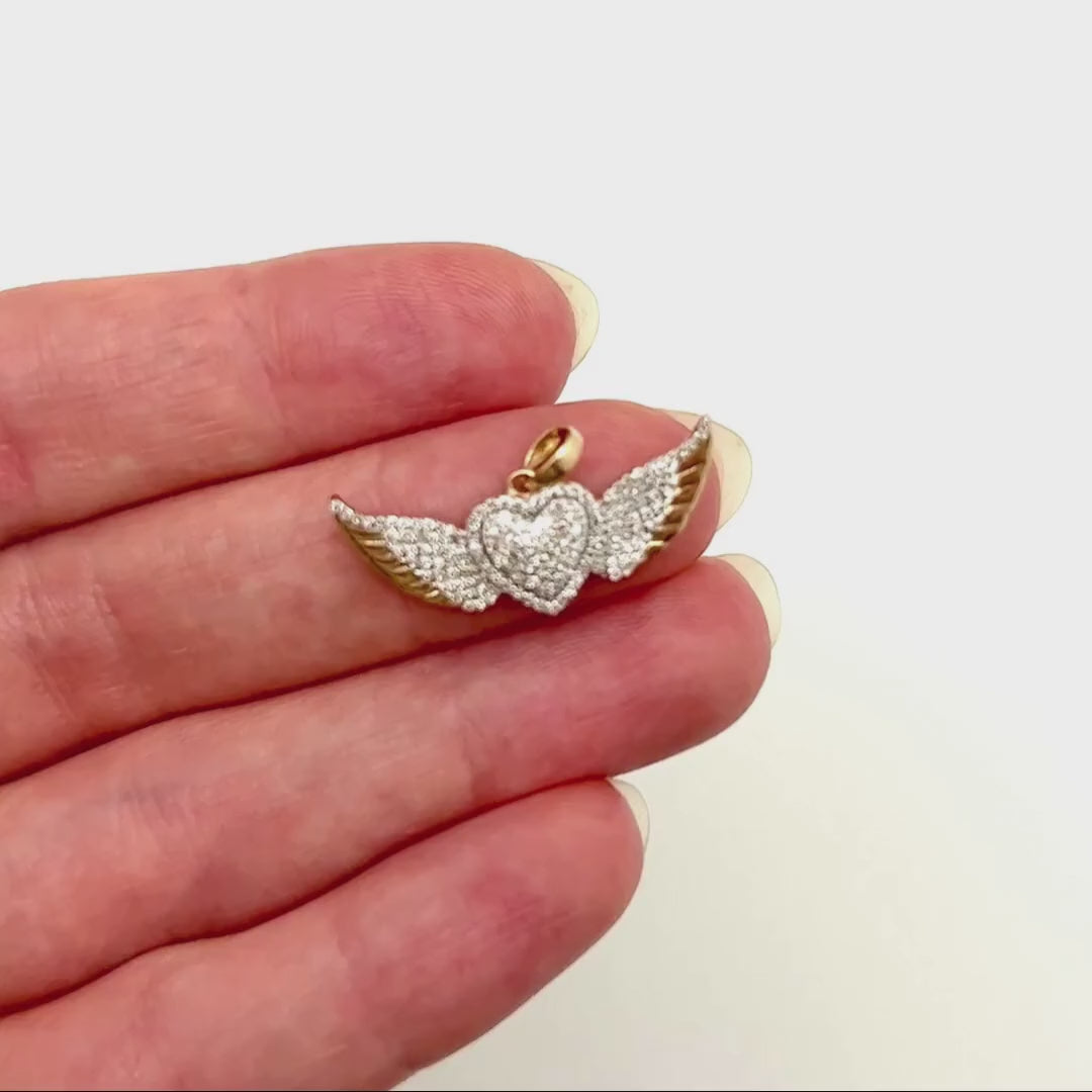 0.41CTW Natural Diamond 10K Gold Yellow White Heart Wings Pendant 0.7" — product video