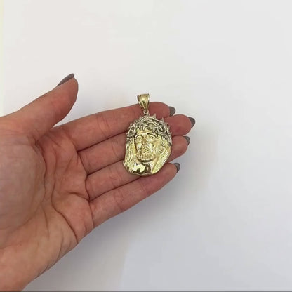 10K Yellow Gold Jesus Face Head Religious Pendant 1.9"