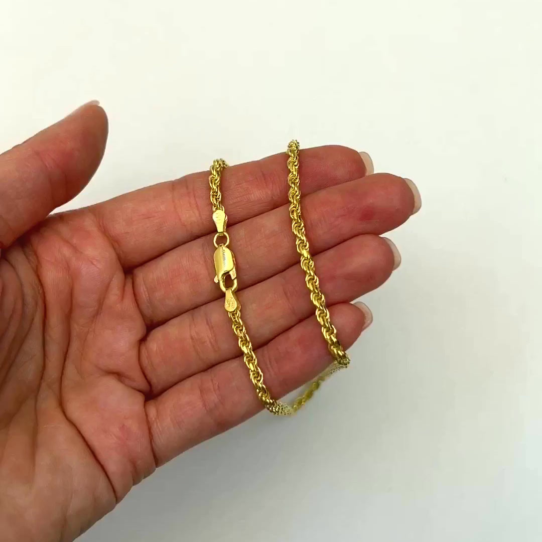 18K Yellow Gold Over Silver 4mm Rope Chain (Solid Links) 18"-24"