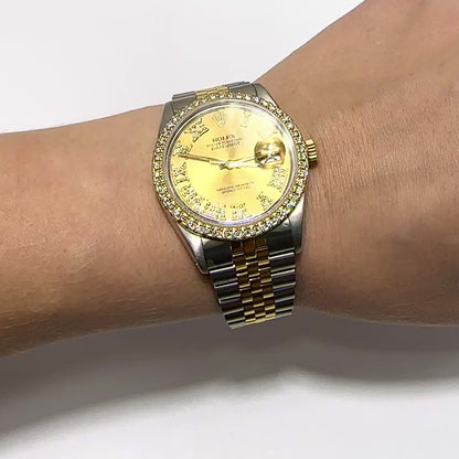 Rolex Datejust Jubilee 36mm Gold Dial 4.50Ct Diamond Bezel Watch