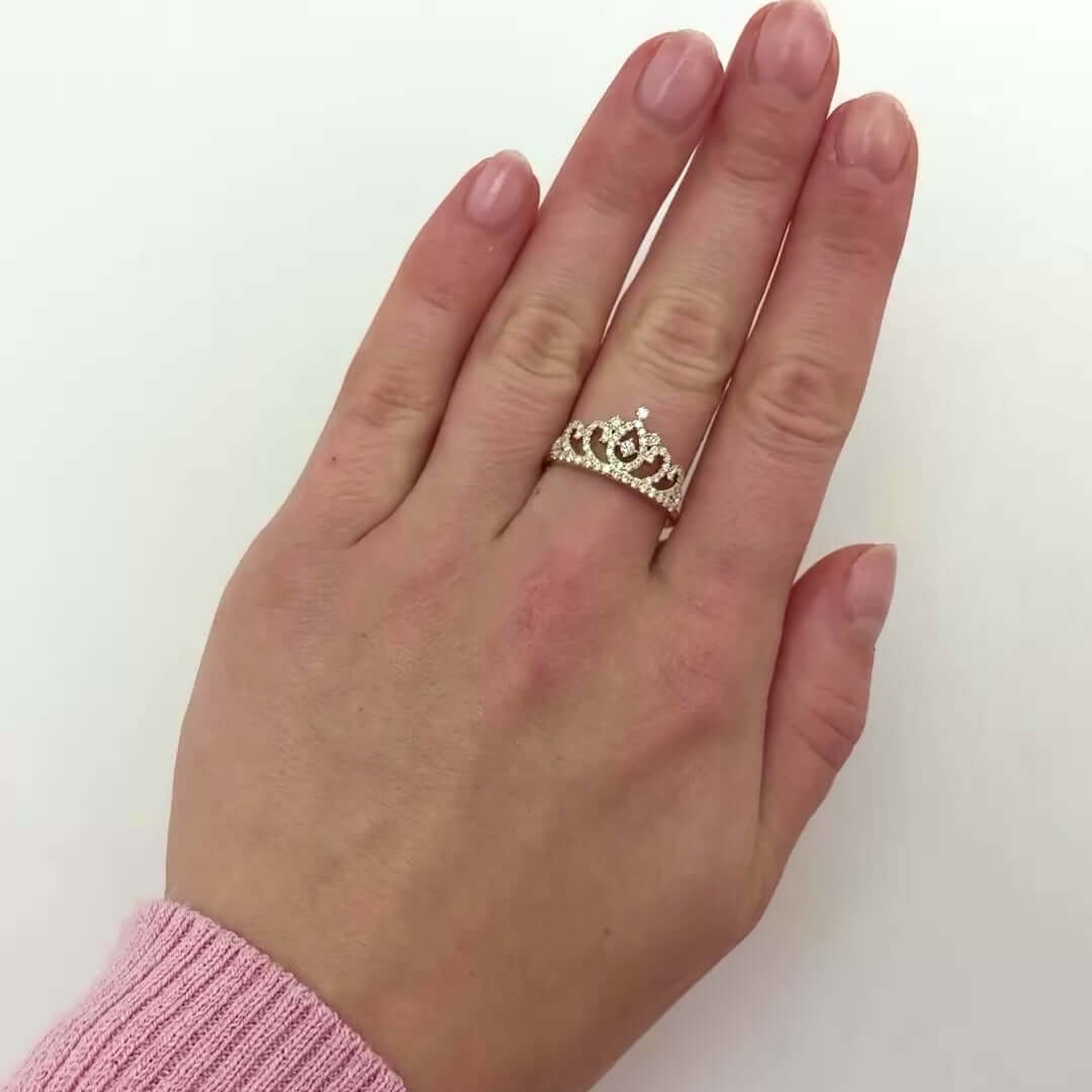 0.50CTW Natural Diamond 14K Yellow Gold White Rose Crown Tiara Cocktail Ring