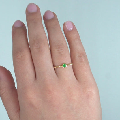 0.15CT Natural Green Emerald Real 14K Gold Beaded Round-Cut Stackable Band Ring