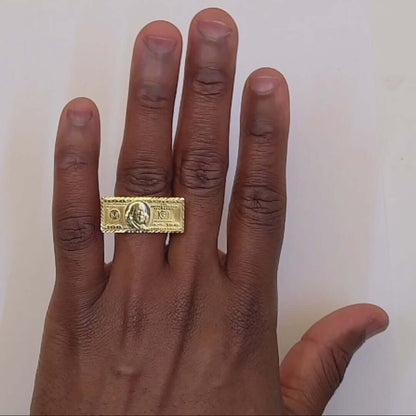 10K Yellow Gold 100 Dollars Dollar Bill Signet Ring