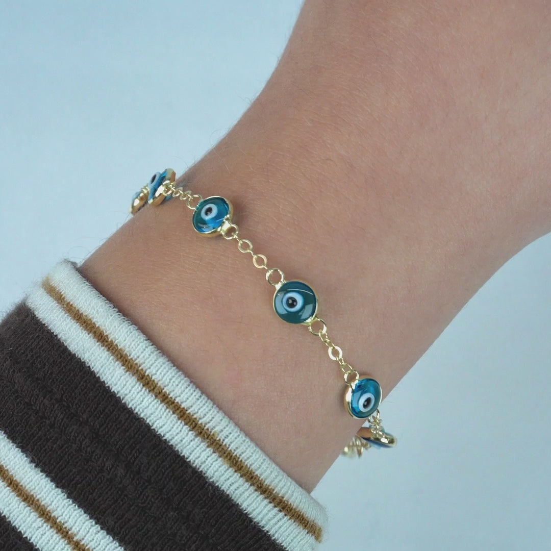 14K Yellow Gold Good Luck Evil Eye Cable Charm Bracelet 7"