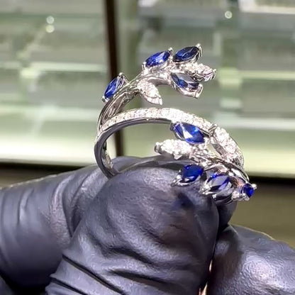 1.12CTW Real Diamonds & Blue Sapphire 14K White Gold Cocktail Ring