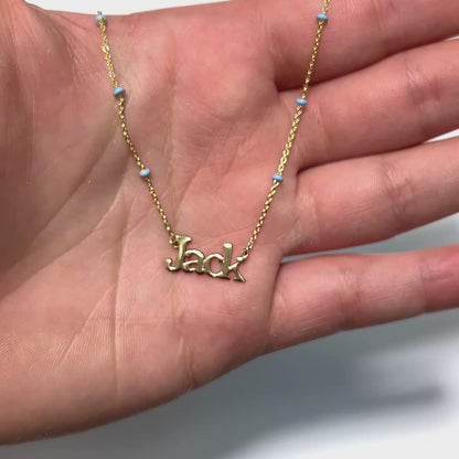 Customizable 14K Yellow Gold Turquoise Station Nameplate Necklace (Solid Links) 16"-18" Adjustable