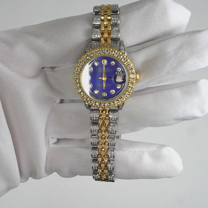 26mm Rolex Datejust 69173 Diamond 18K Gold Bezel Jubilee Band Blue Dial Watch