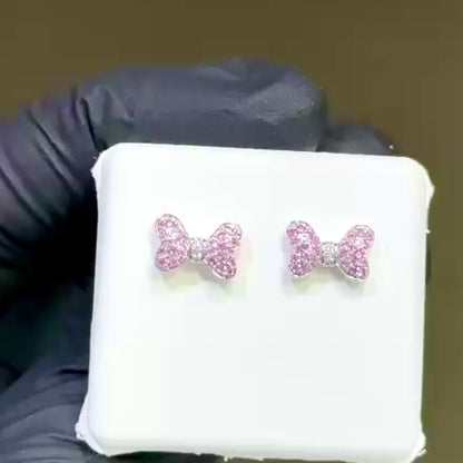 0.35CTW Real Diamond & Natural Blue, Pink Sapphire 14K Real Gold Bow Stud Earrings 7mm
