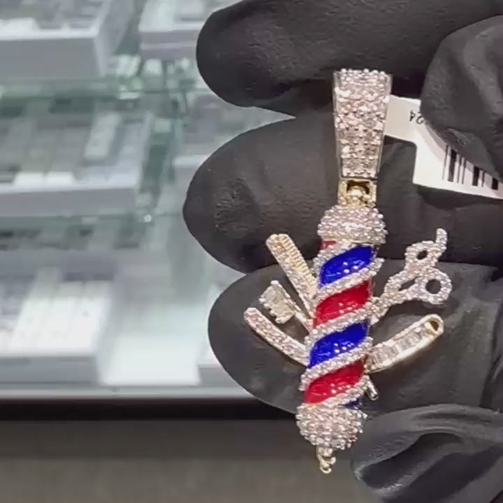 0.87CT Natural Diamond 10K Yellow Gold Enamel Barber Pole Pendant Scissors & Razor — product video