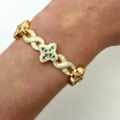 5.91CTW Real Diamond & Multicolor Marquise Gemstones Real 10K Gold Flower Bracelet 8"