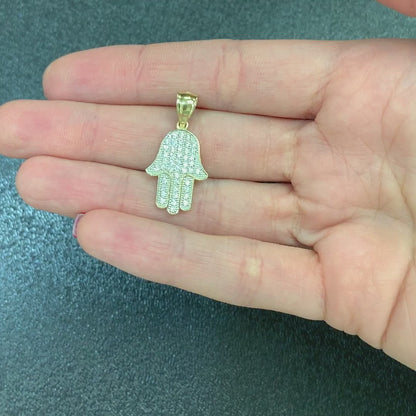 14K Gold 0.50CTW CZ Hamsa Hand Of Fatima Pendant 1"