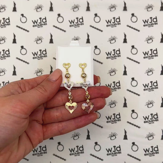 14K Gold Tri-Color Double Heart CZ Drop Earrings 35mm — product video