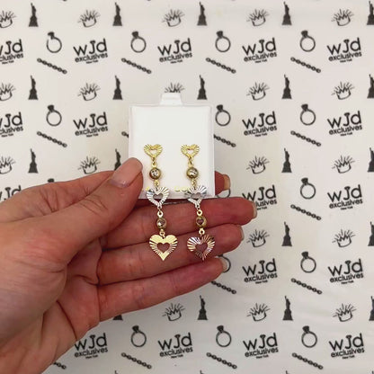 14K Gold Tri-Color Double Heart CZ Drop Earrings 35mm — product video