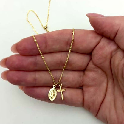 14K Gold Lady Guadalupe Cross Chain Choker Necklace 14"-16" Adjustable