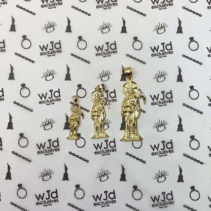 10k Yellow Gold Diamond-Cut Santa Muerte Grim Reaper Death Pendant 1.1"-2.76"