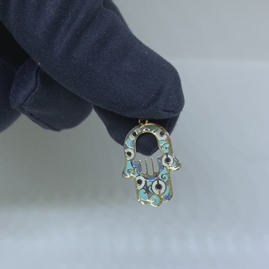 10K Yellow Gold Blue Enamel Evil Eye Swirl Hamsa Hand Of Fatima Pendant — product video
