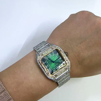 Cartier Santos WSSA0018 40mm Auto SS Watch w/ Aftermarket 11.5CTW Diamond Green Dial