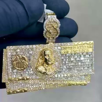 6.85CTW Real Diamond 10K Yellow Gold Hundred Dollar Bills Pendant 2.4"