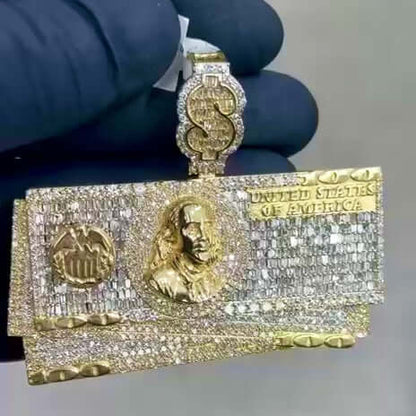 6.85CTW Natural Diamond 10K Yellow Gold Hundred Dollar Bills Pendant 2.4"