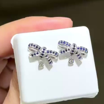 0.38CTW Real Diamond & Natural Sapphire 14K Real Gold Bow Stud Earrings 11mm