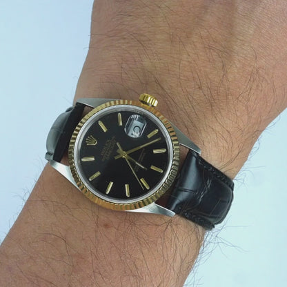 36mm Rolex Datejust 16013 Black Dial 18K Gold Bezel Leather Men's Watch