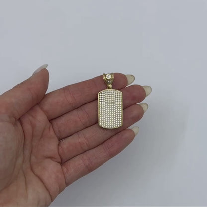 10K Yellow Gold CZ Dog Tag Pendant 1.5"