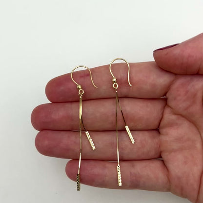 14K Gold Diamond-Cut Double Bar Linear Drop Down Ear Wire Earrings 66mm