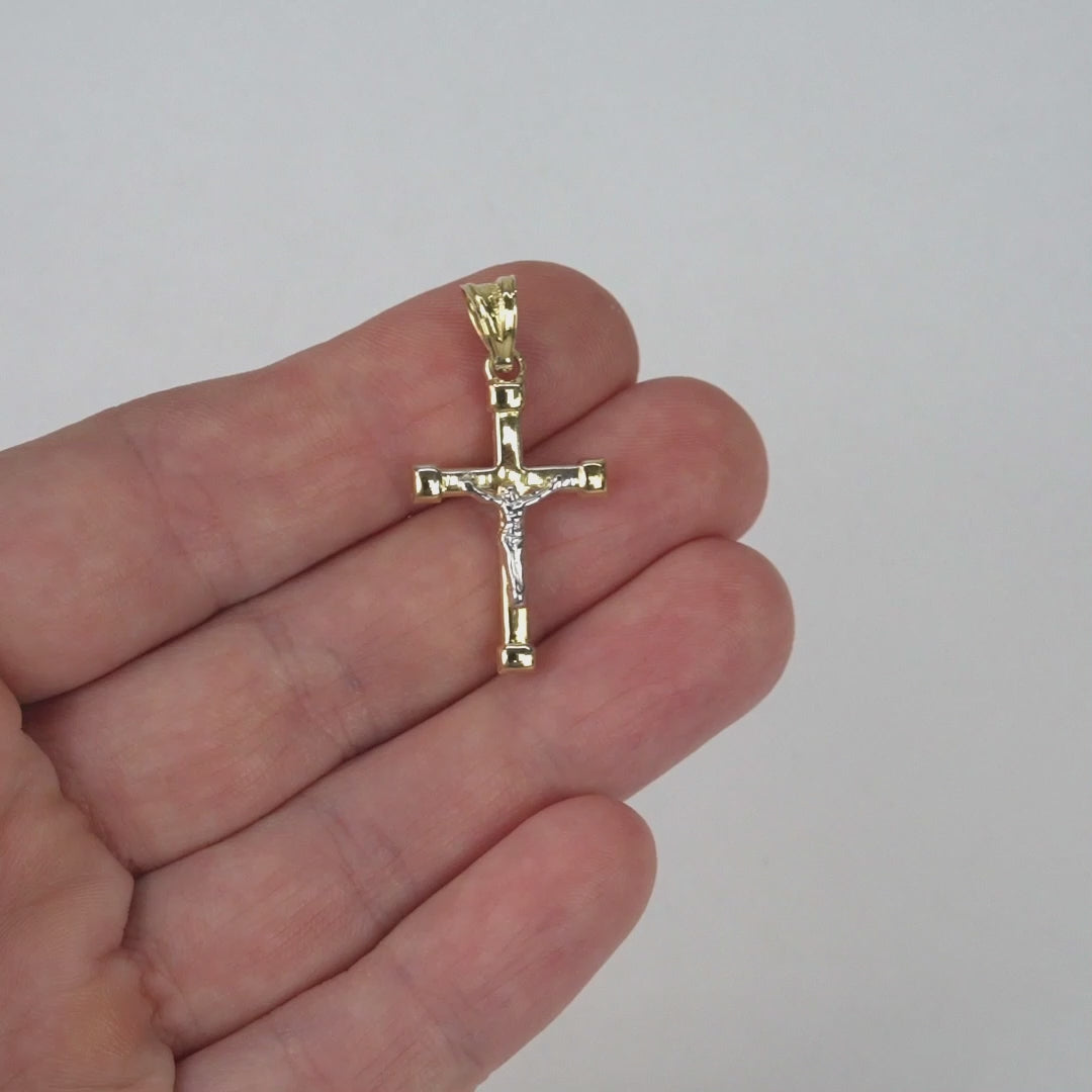 10K Gold-Filled Two-Tone Yellow White Jesus Crucifix Cross Pendant 1.3" 1.7"