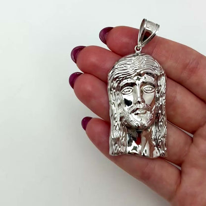 10K White Gold Diamond-Cut Jesus Head Religious Pendant 2.5"