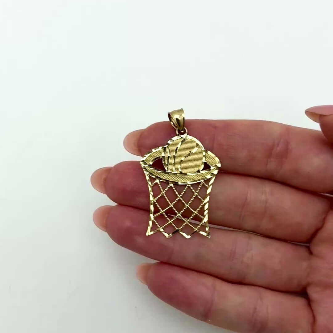 Real 10K Gold Textured Basketball Hoop Sport Pendant 1.5"