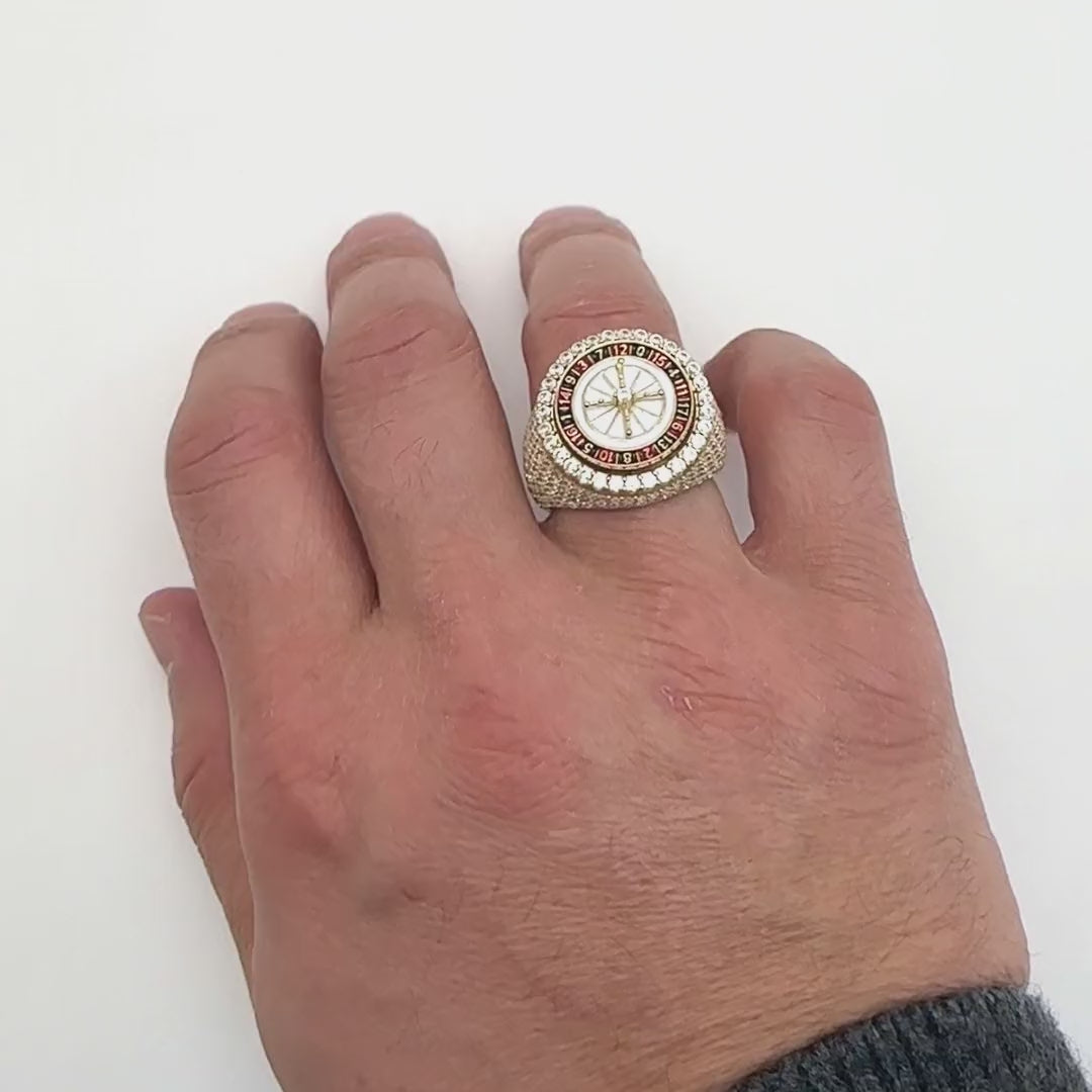 14K Gold Casino Rotating Roulette Wheel Enamel Signet Ring with CZ — product video
