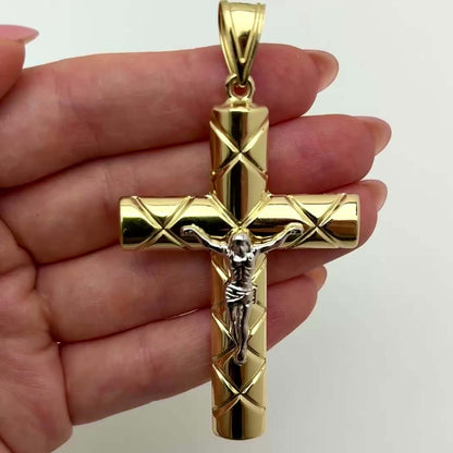 Real 14K Two-Tone Gold Jesus Crucifix Cross Pendant 3"