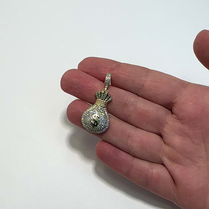 0.60CTW Natural Diamond 10K Yellow Gold Money Bag Pendant 1.5"