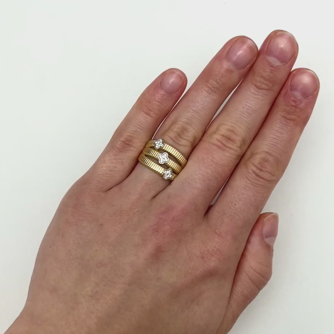 14K Gold CZ Triple Row Clover Cocktail Ring — product video