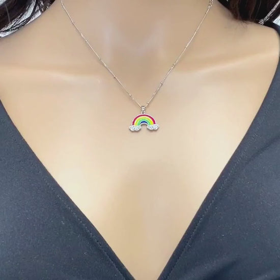 14K Gold Over Silver Enamel Rainbow Pendant Ball Station Miami Cuban 14"–17" Adjustable Chain — product video