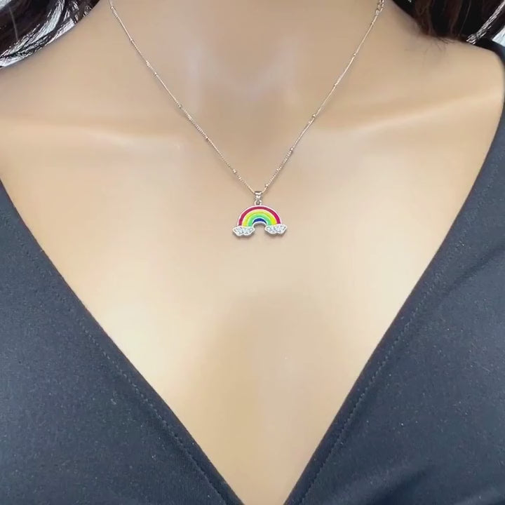 14K Gold Over Silver Enamel Rainbow Pendant Ball Station Miami Cuban 14"–17" Adjustable Chain — product video