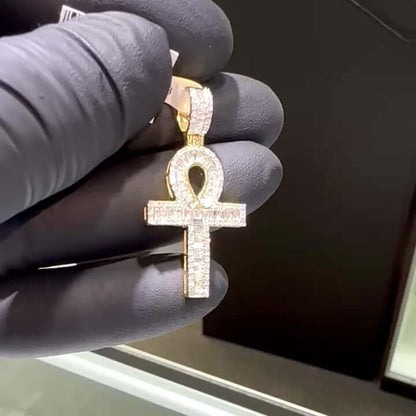.75CTW Natural Diamond Real 10K Gold Ankh Cross Pendant 1.4"