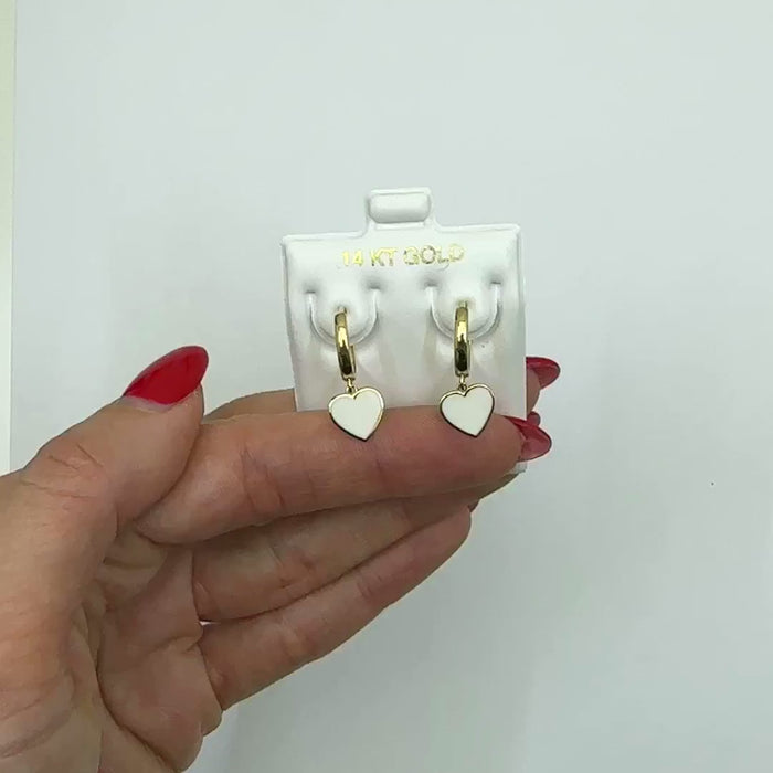14K Gold White Enamel Heart Huggie Hoop Earrings 22mm — product video