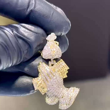 2.00CTW Real Diamond 10K Yellow Gold Praying Hands Dollars Money Sack Pendant